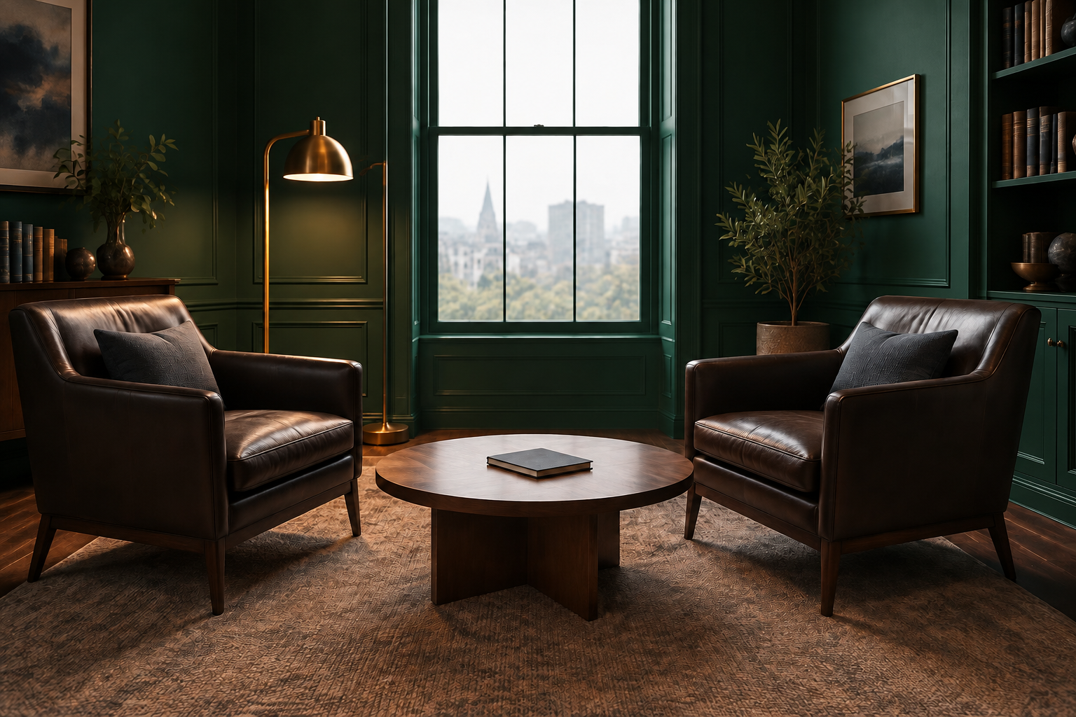 A quiet private consulting lounge with leather armchairs and a window onto the city