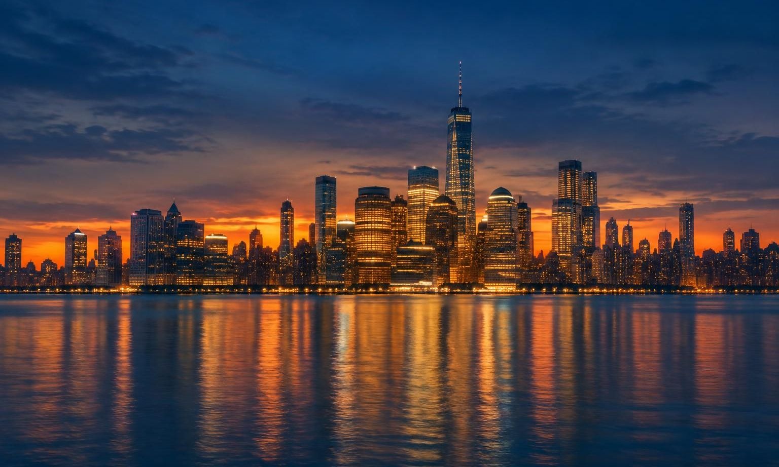 A city skyline at dusk reflected across calm water