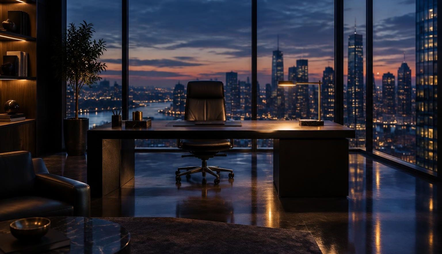 An executive office at dusk with floor-to-ceiling windows overlooking a city skyline