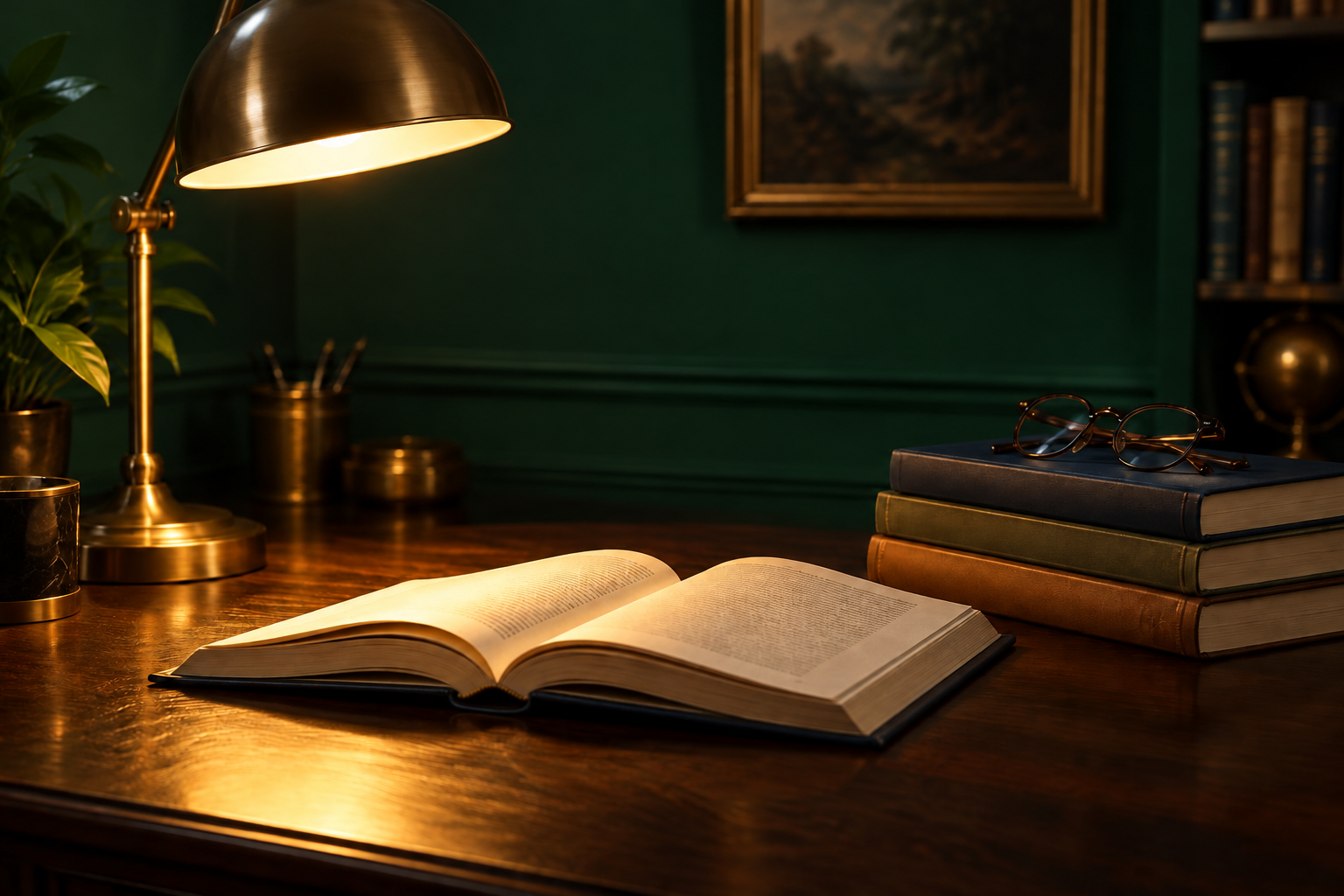 An open book on a polished desk under a brass lamp in a quiet study